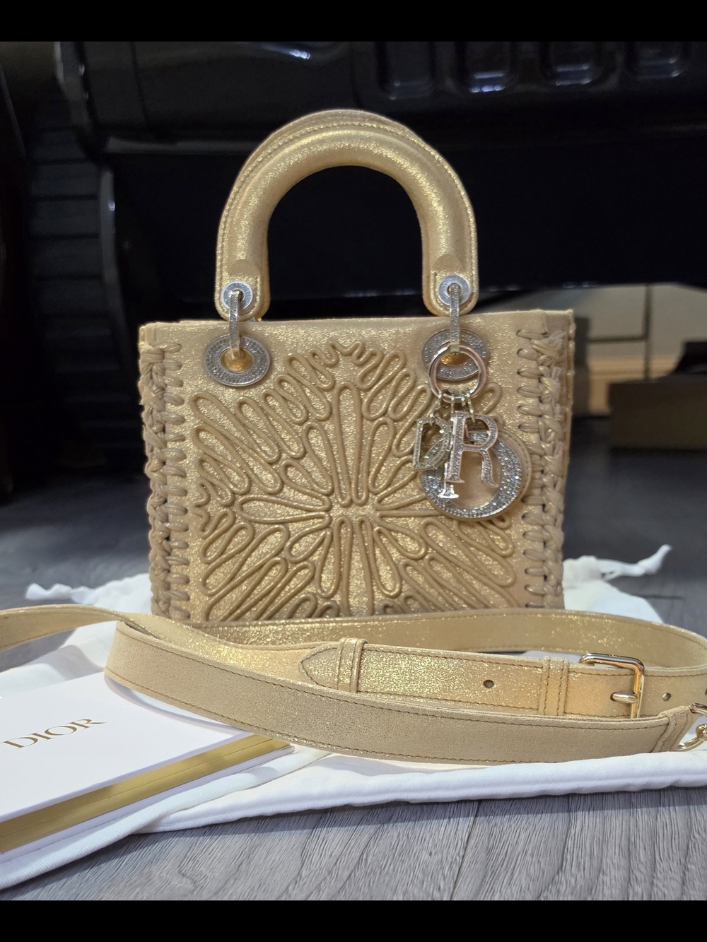 Dior Gold Glitter Embellished Lady Dior Mini Bag